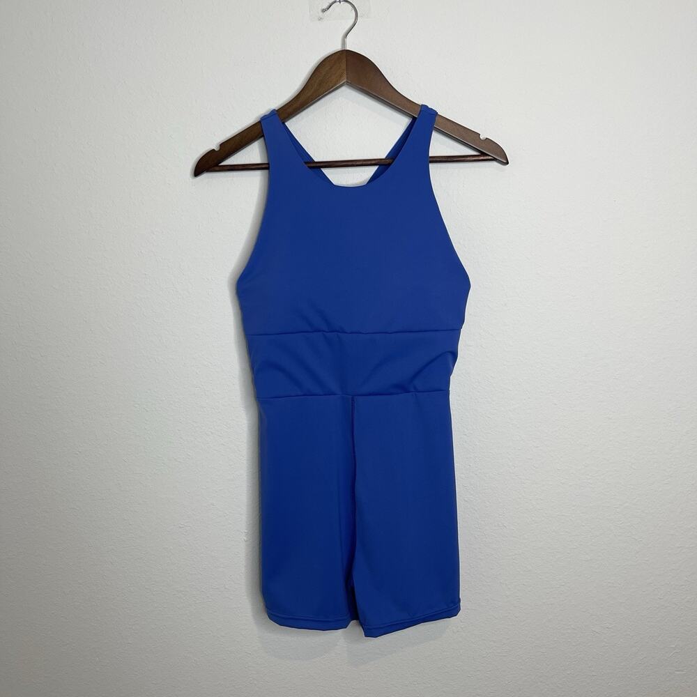 HOTWY Blue Athletic Bodysuit Romper Built-In Bra Shorts Women’s L Royal Blue